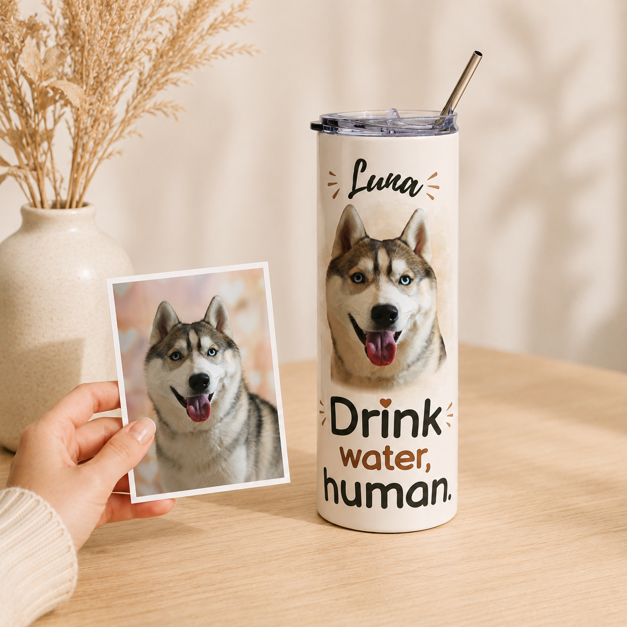 Hand holding a close-up husky photo next to the matching personalized dog tumbler.