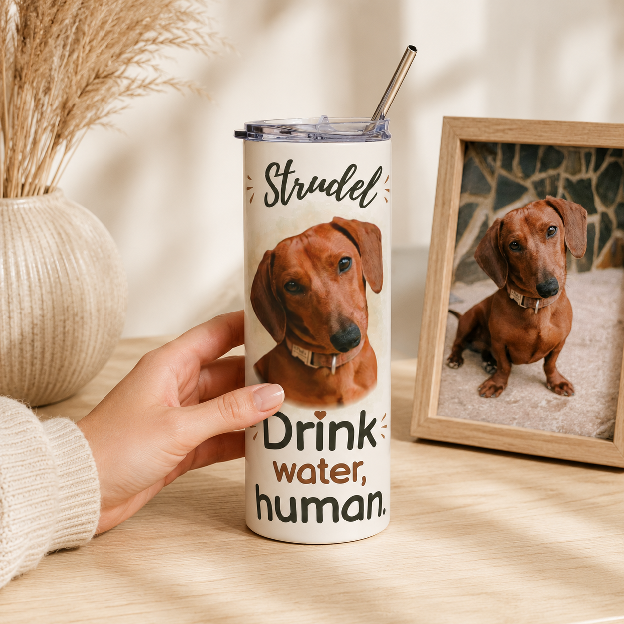 Hand holding the dachshund tumbler beside a framed print of the original pet photo.