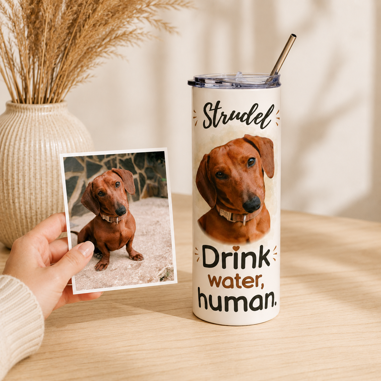 Woman holding the original dachshund photo beside her matching personalized pet photo tumbler.