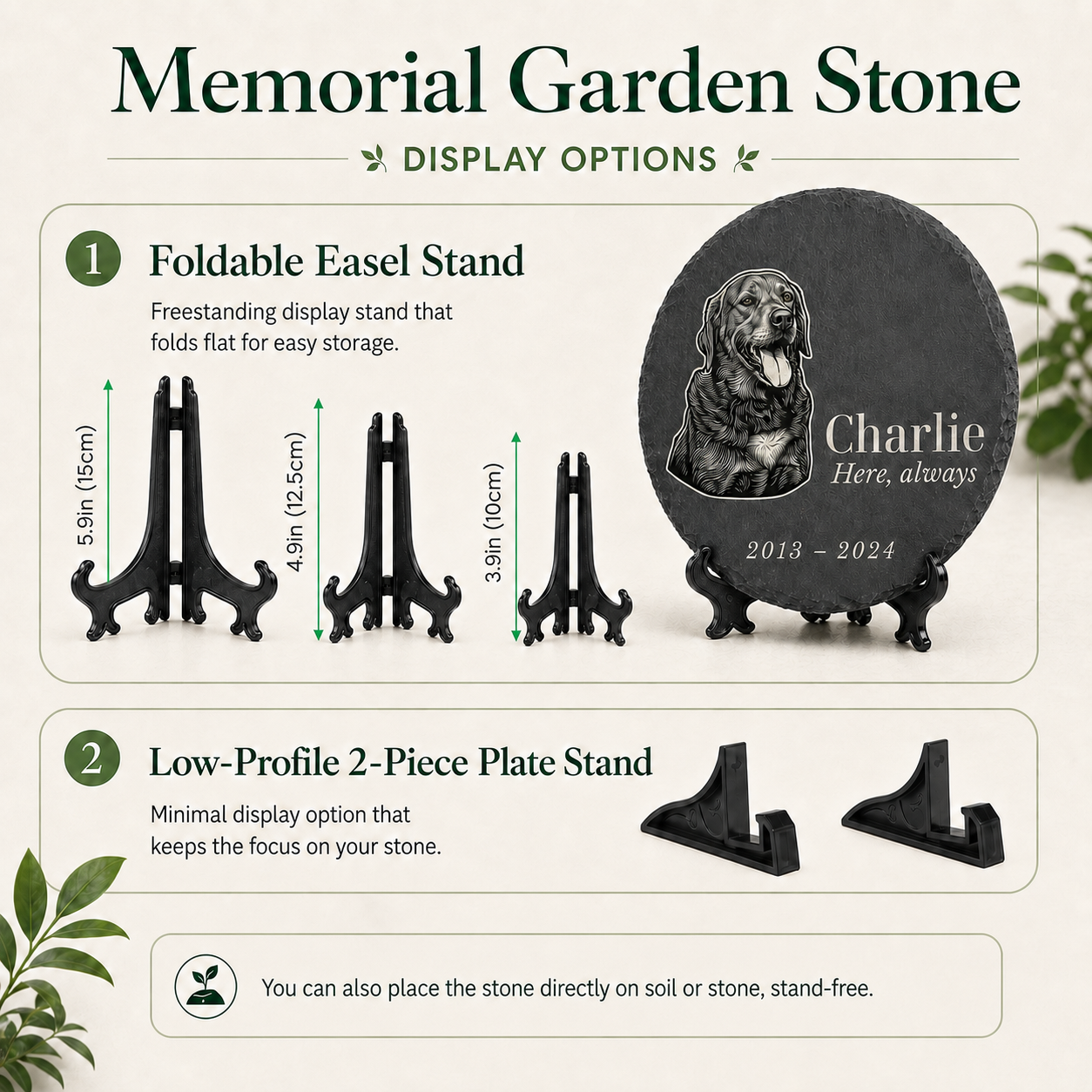Display options for the memorial garden stone: foldable easel stands in three heights and a low-profile 2-piece plate stand.