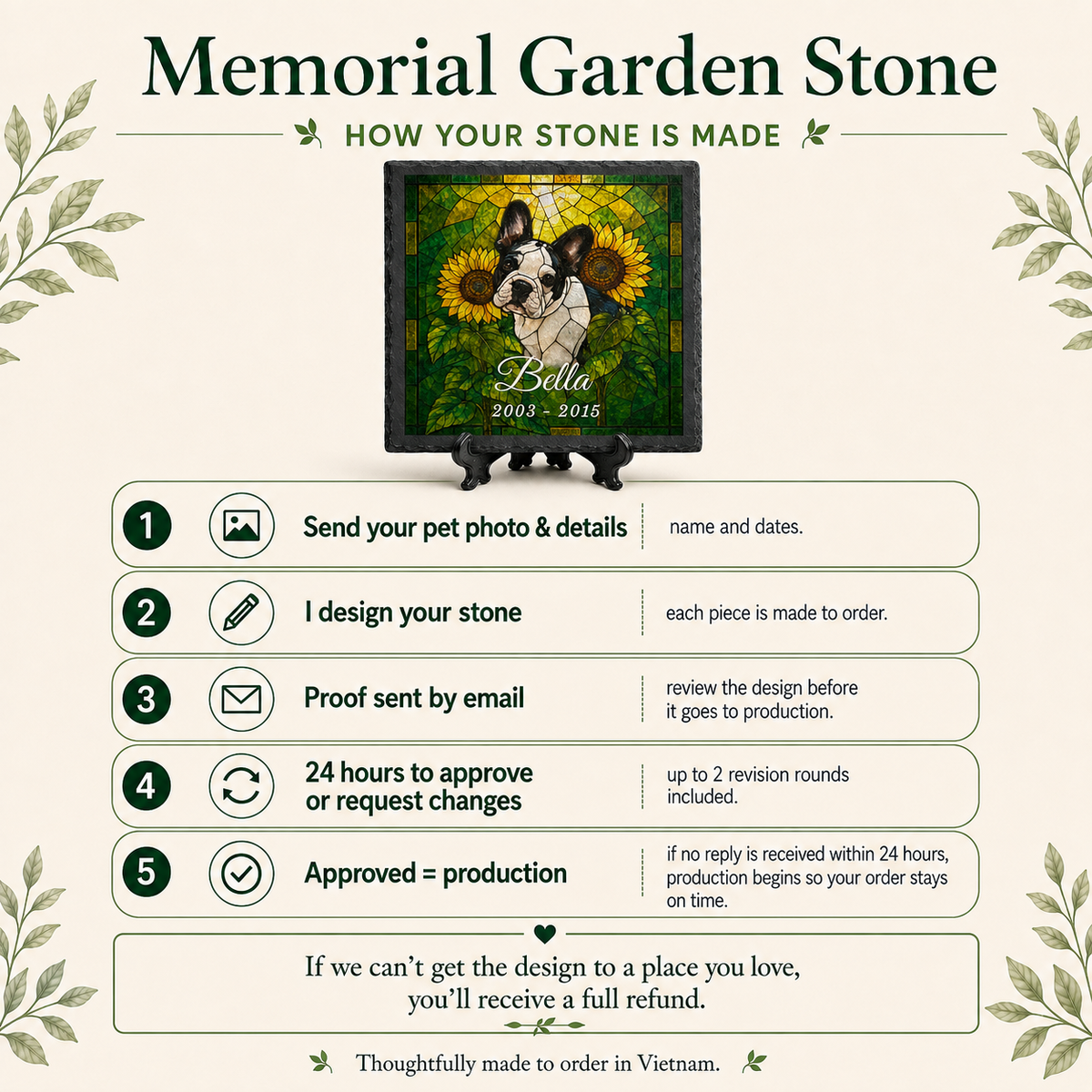 Size chart for the square pet memorial garden stone: large 7.8in, medium 5.9in and small 3.9in shown side by side on stands.