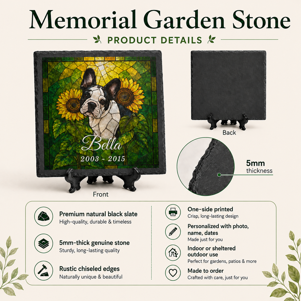 Product details for the slate memorial stone: front and back views, 5mm thickness, chiselled edges and one-side printing.