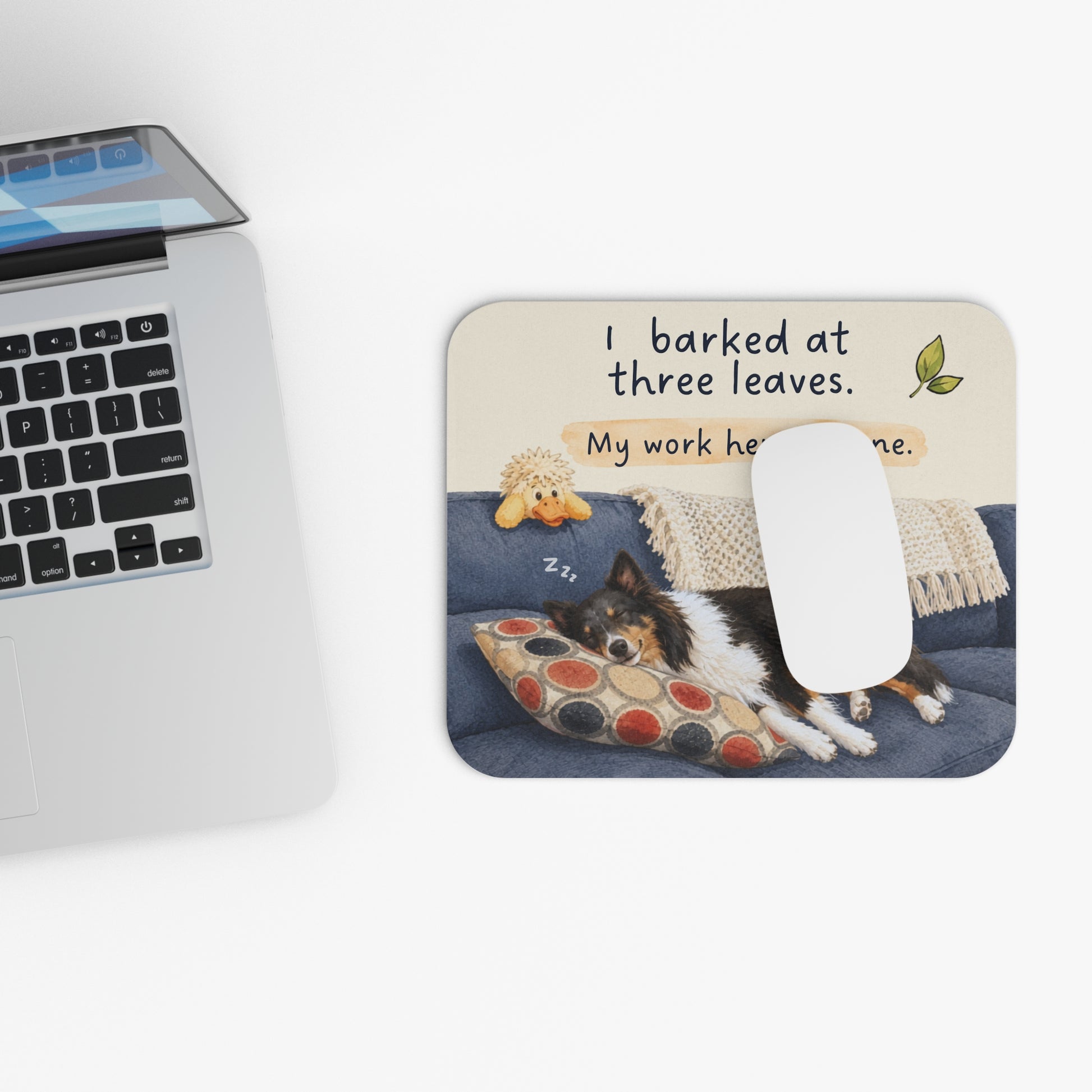 Reactive dog mouse pad styled in home office desk setup