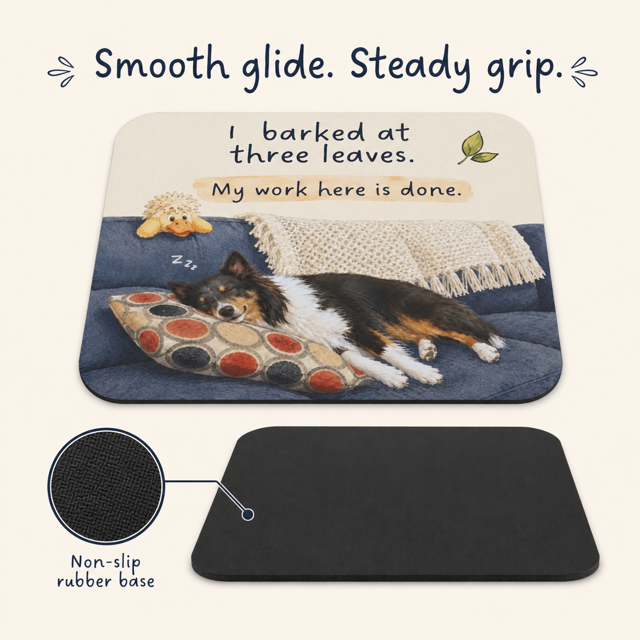 Reactive dog mouse pad non-slip base and smooth surface detail