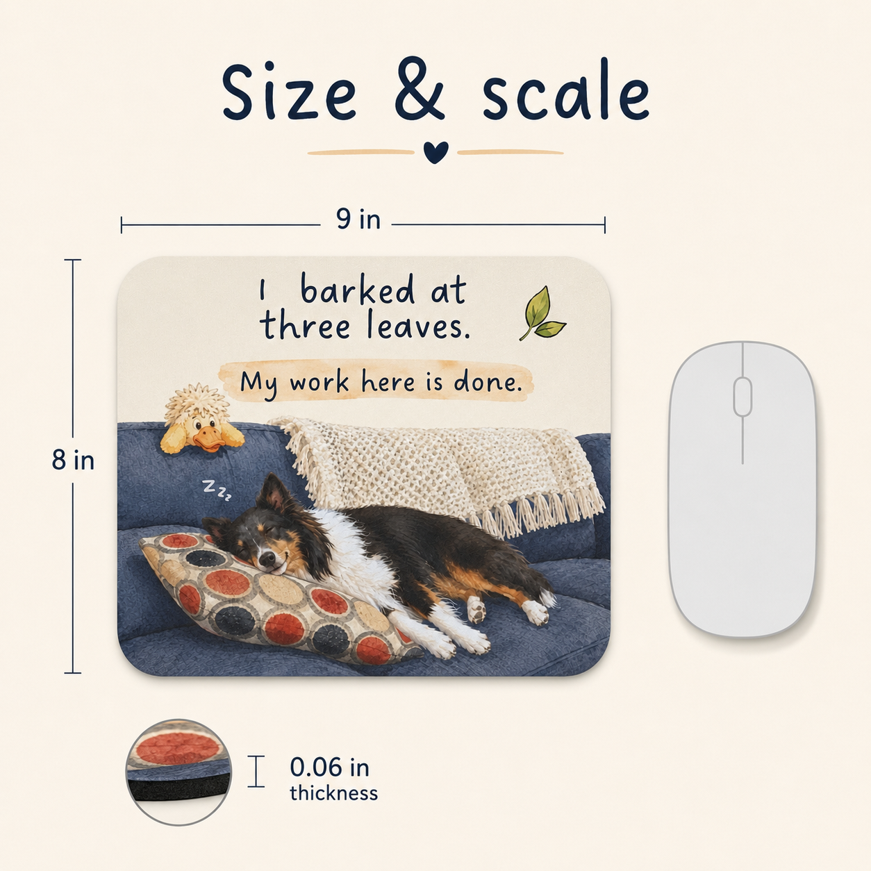 Reactive dog mouse pad size and scale 9x8 inch