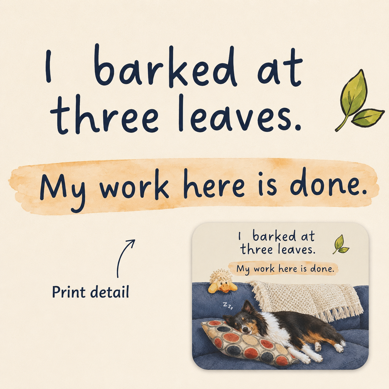 Closeup of reactive dog mouse pad with three leaves phrase