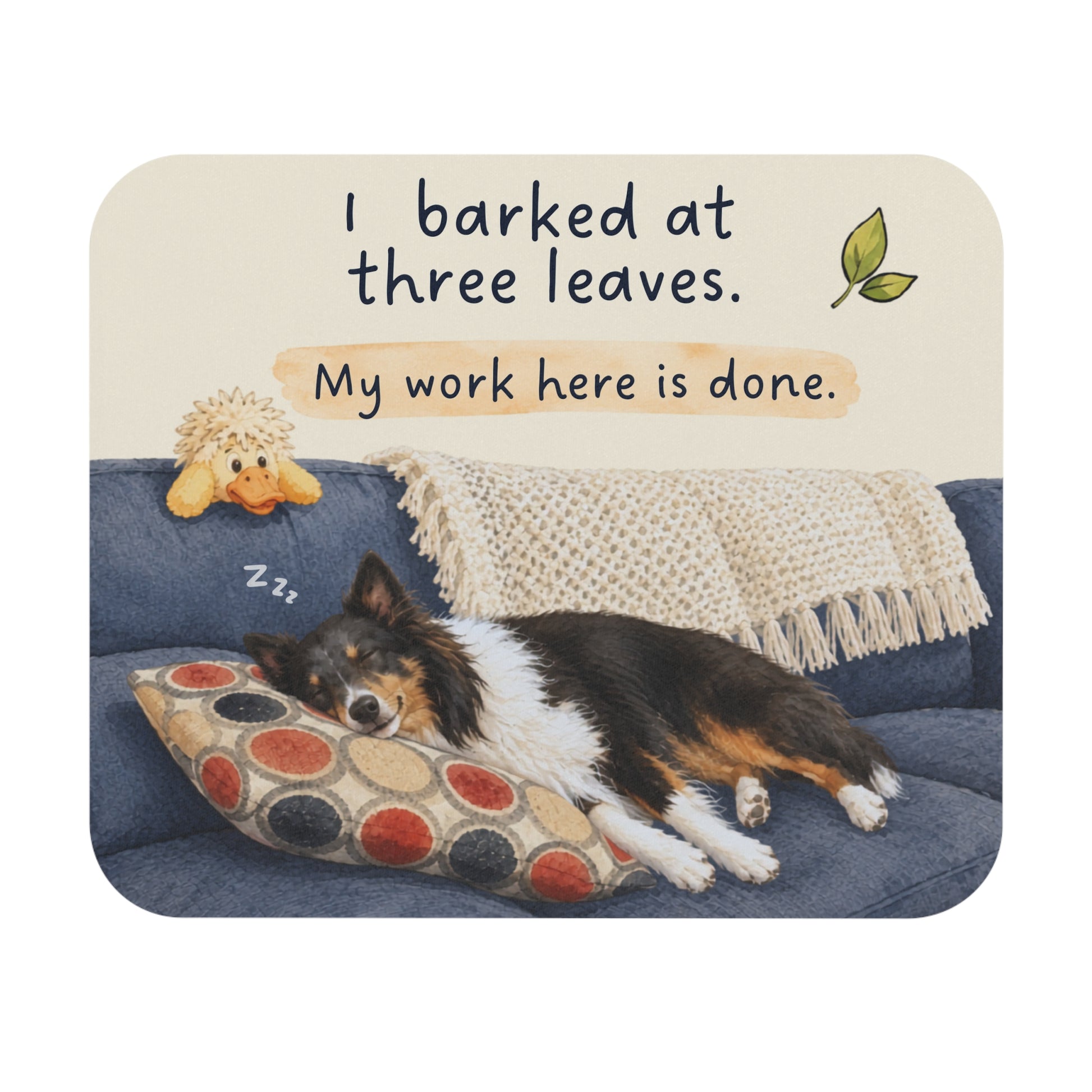 Reactive dog mouse pad mockup with three leaves phrase variant