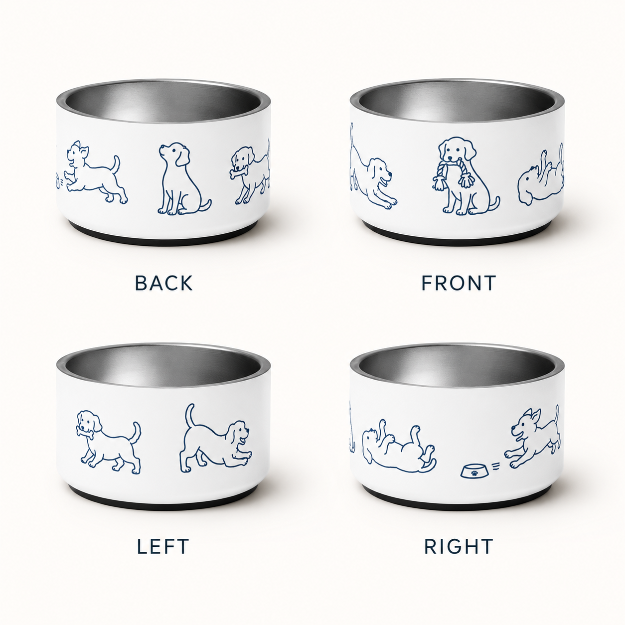 Back, front, left, and right views of the dog line-art design wrapped around the bowl