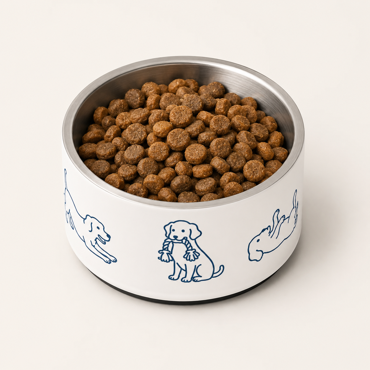 Close-up of the double-wall dog bowl filled to the brim with kibble