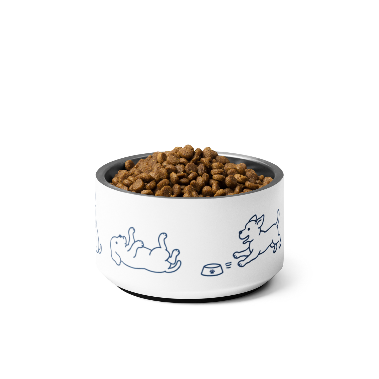 Top-angle view of the stainless steel dog bowl piled with dog food