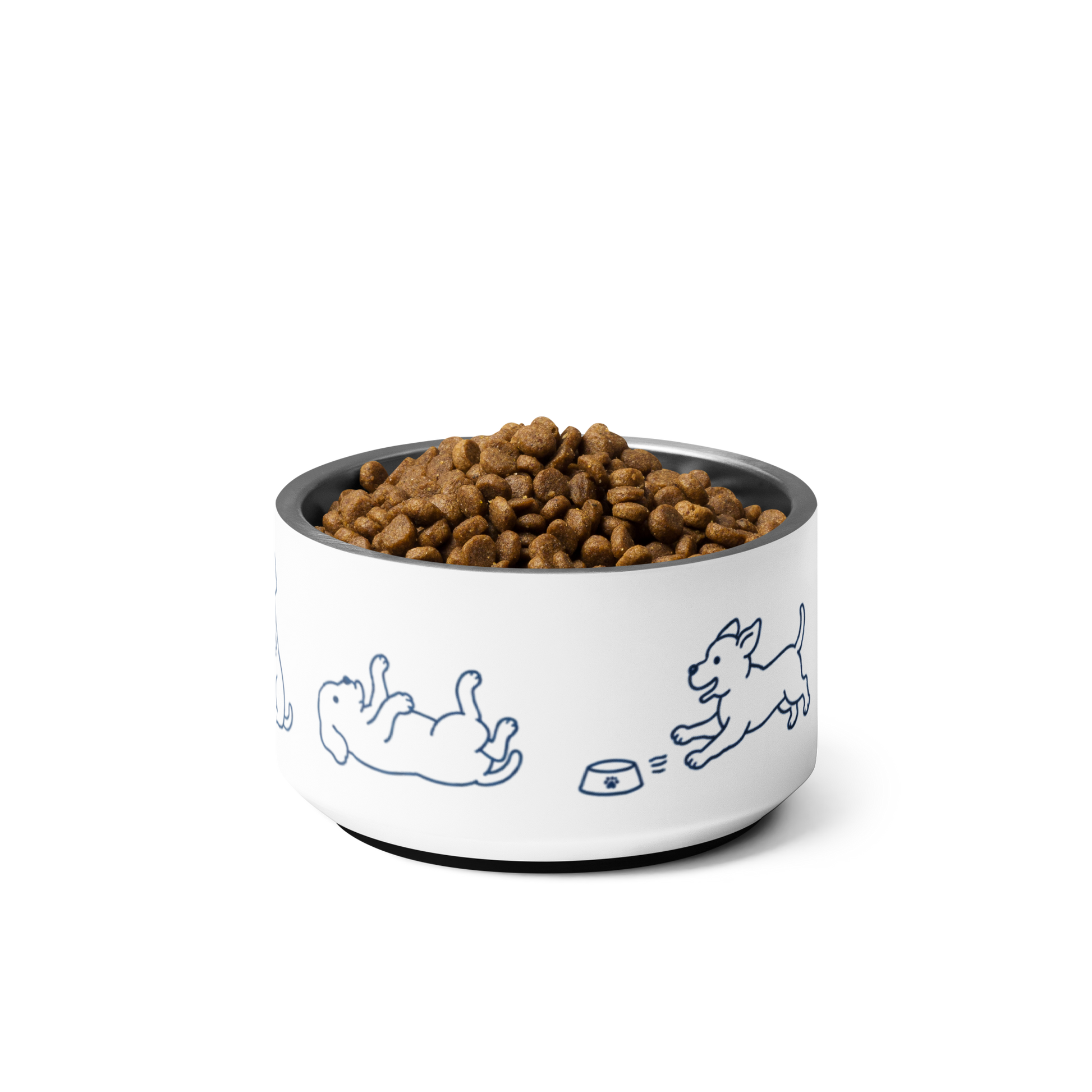Top-angle view of the stainless steel dog bowl piled with dog food