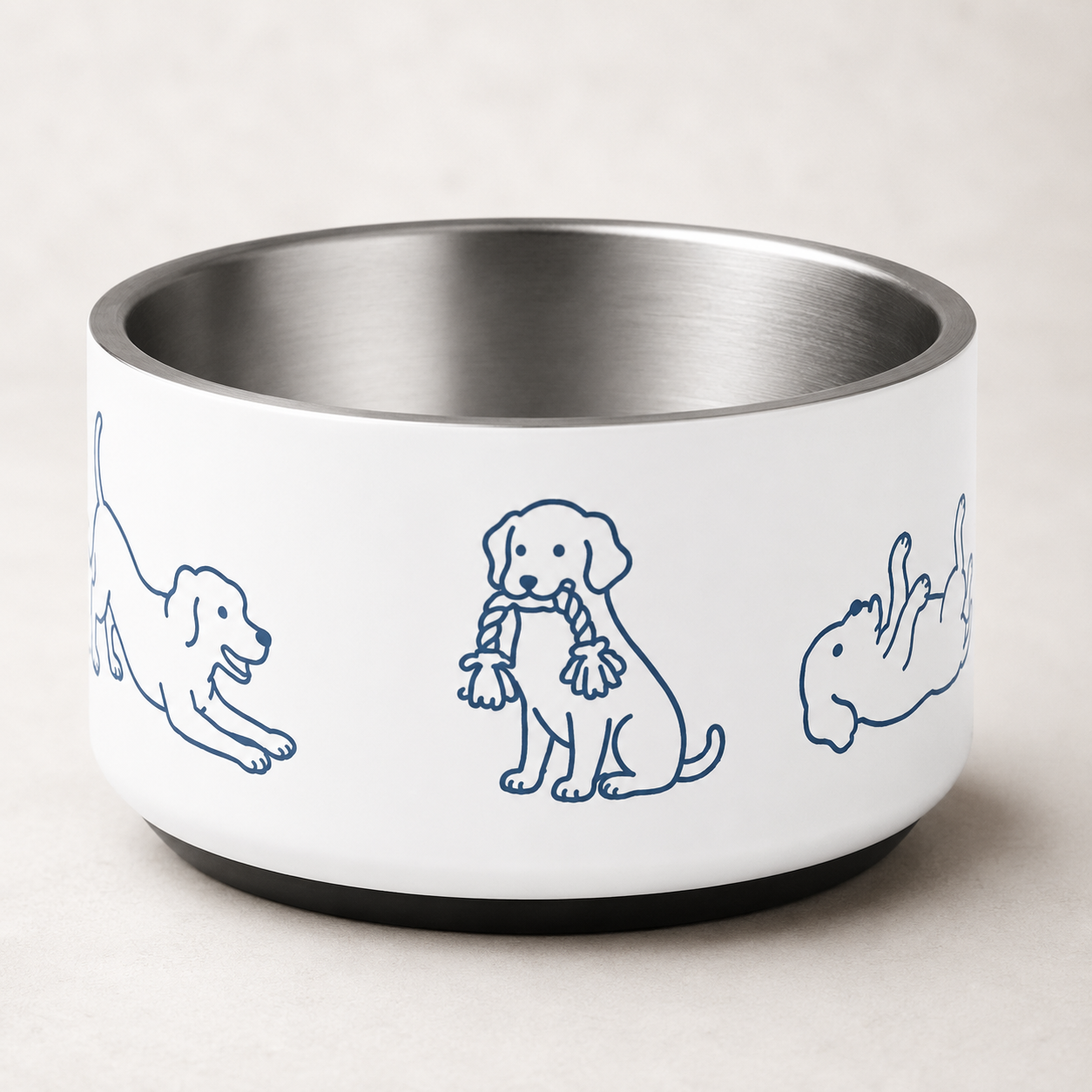 Front view of the empty stainless steel dog bowl with black anti-slip base