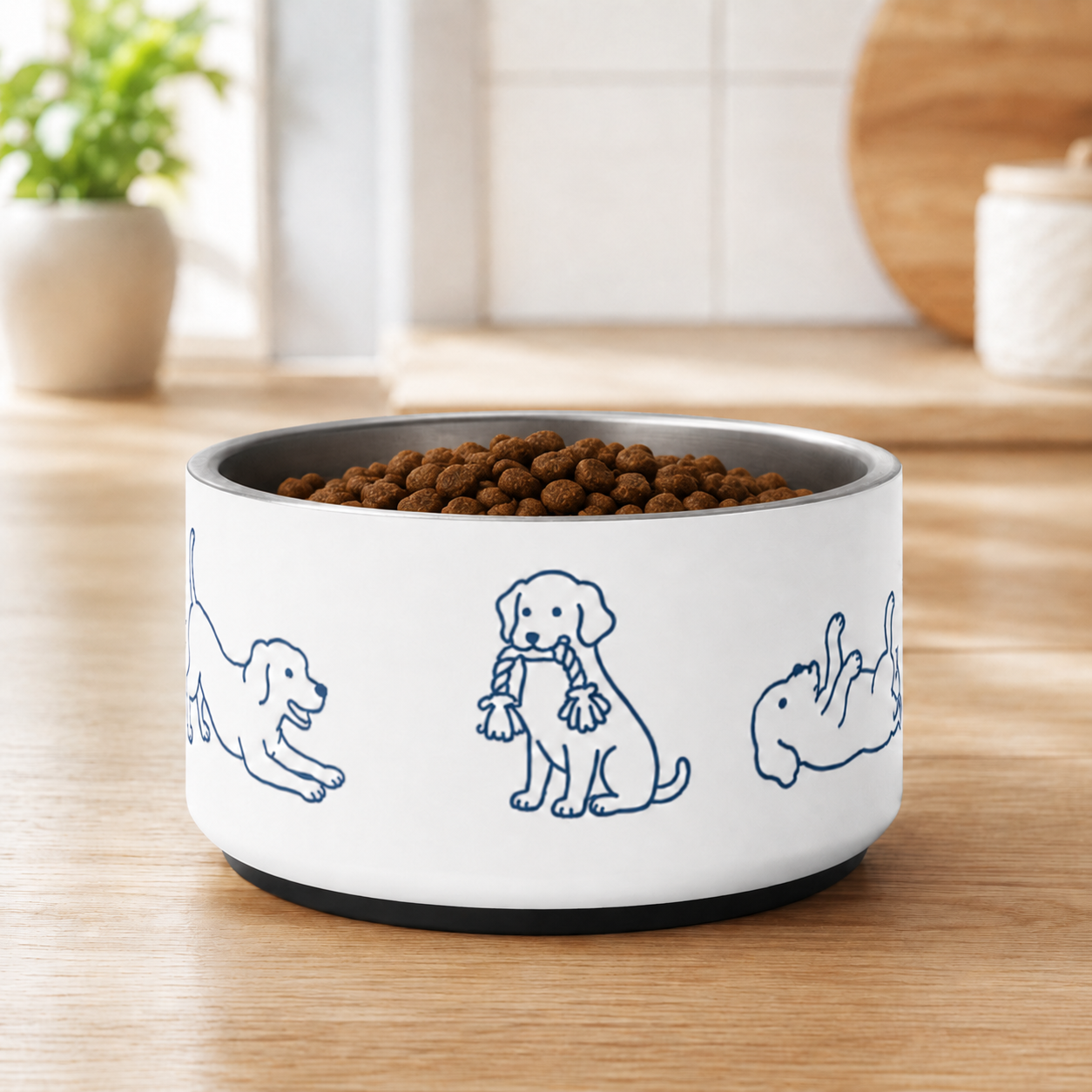 Stainless steel dog bowl filled with kibble on a kitchen counter