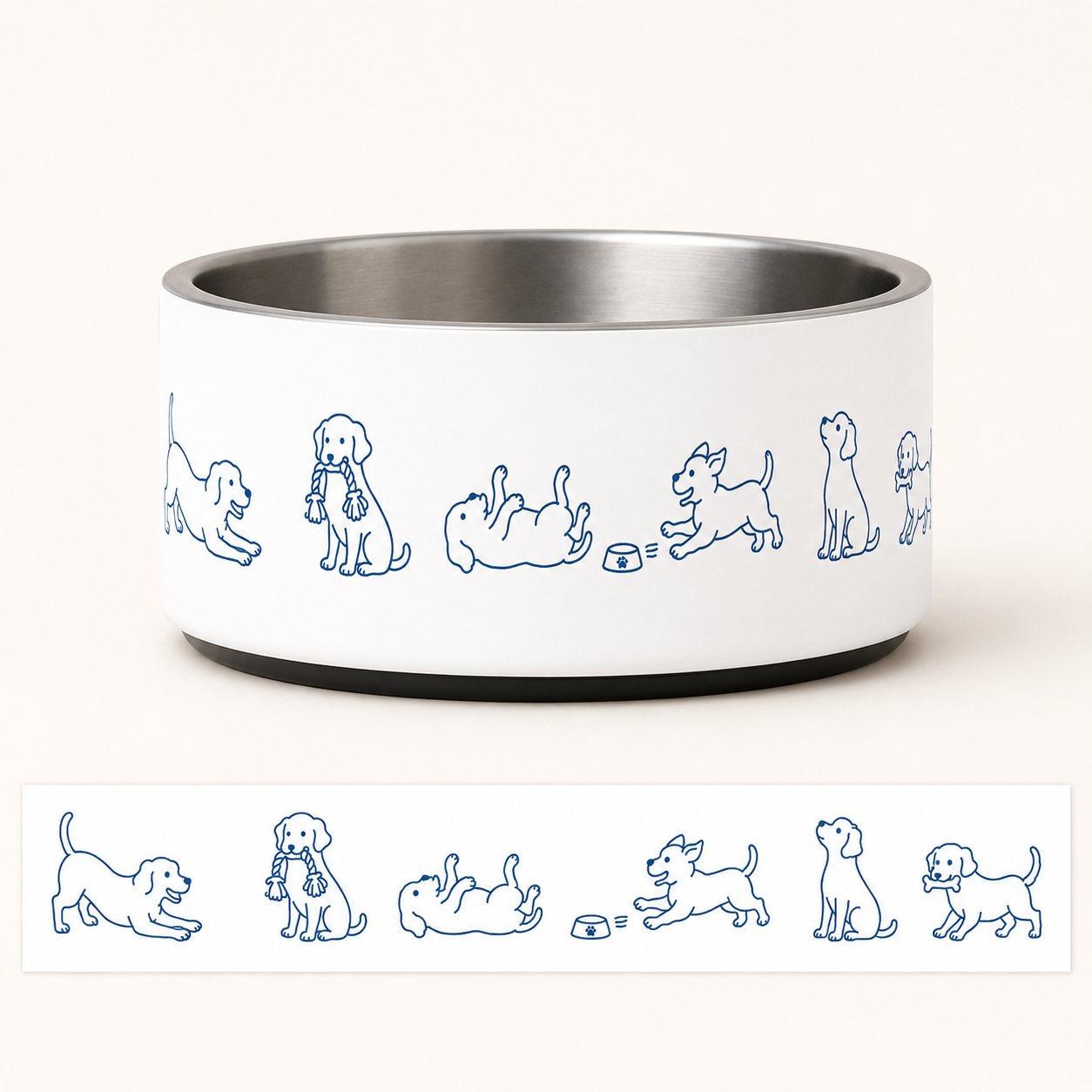 Close-up of the hand-drawn dog pattern wrapped around the bowl, shown unrolled below