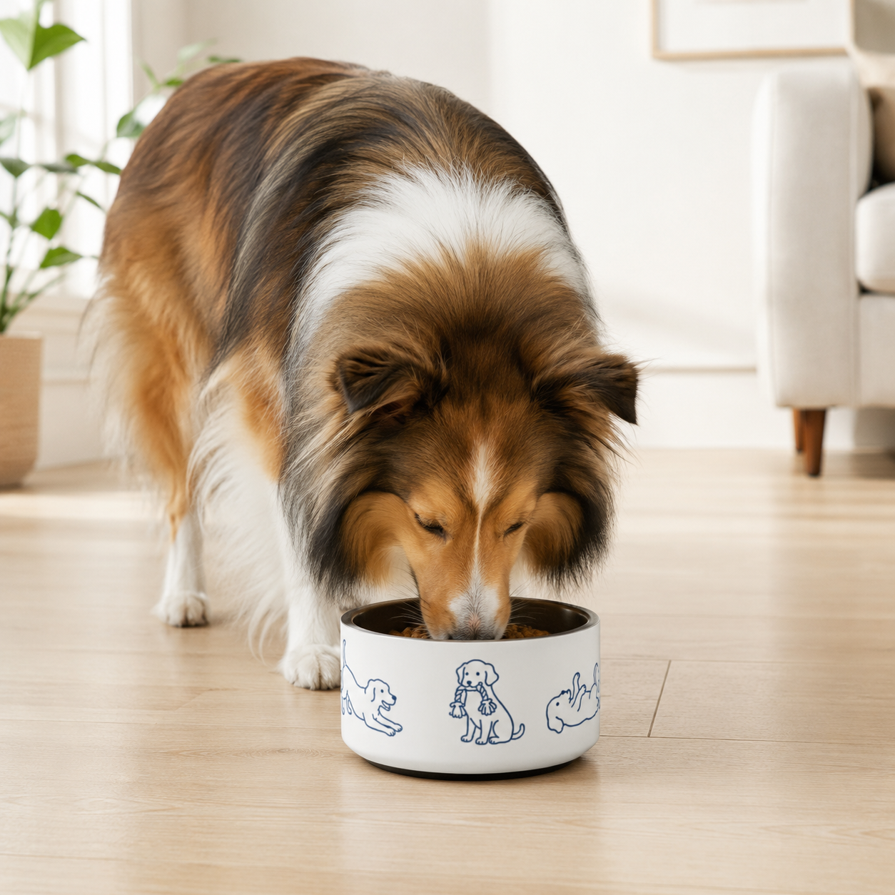 Long-haired Sheltie eating from the stainless steel dog bowl on a wood floor