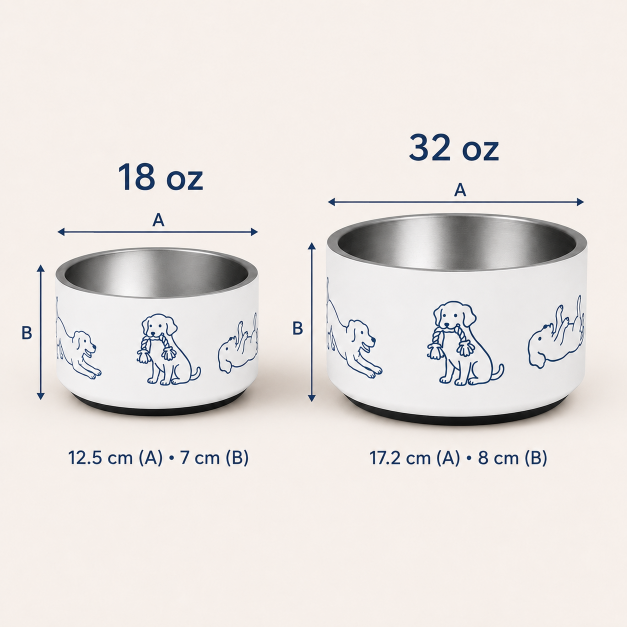 Size chart comparing the 18 oz and 32 oz stainless steel dog bowl dimensions